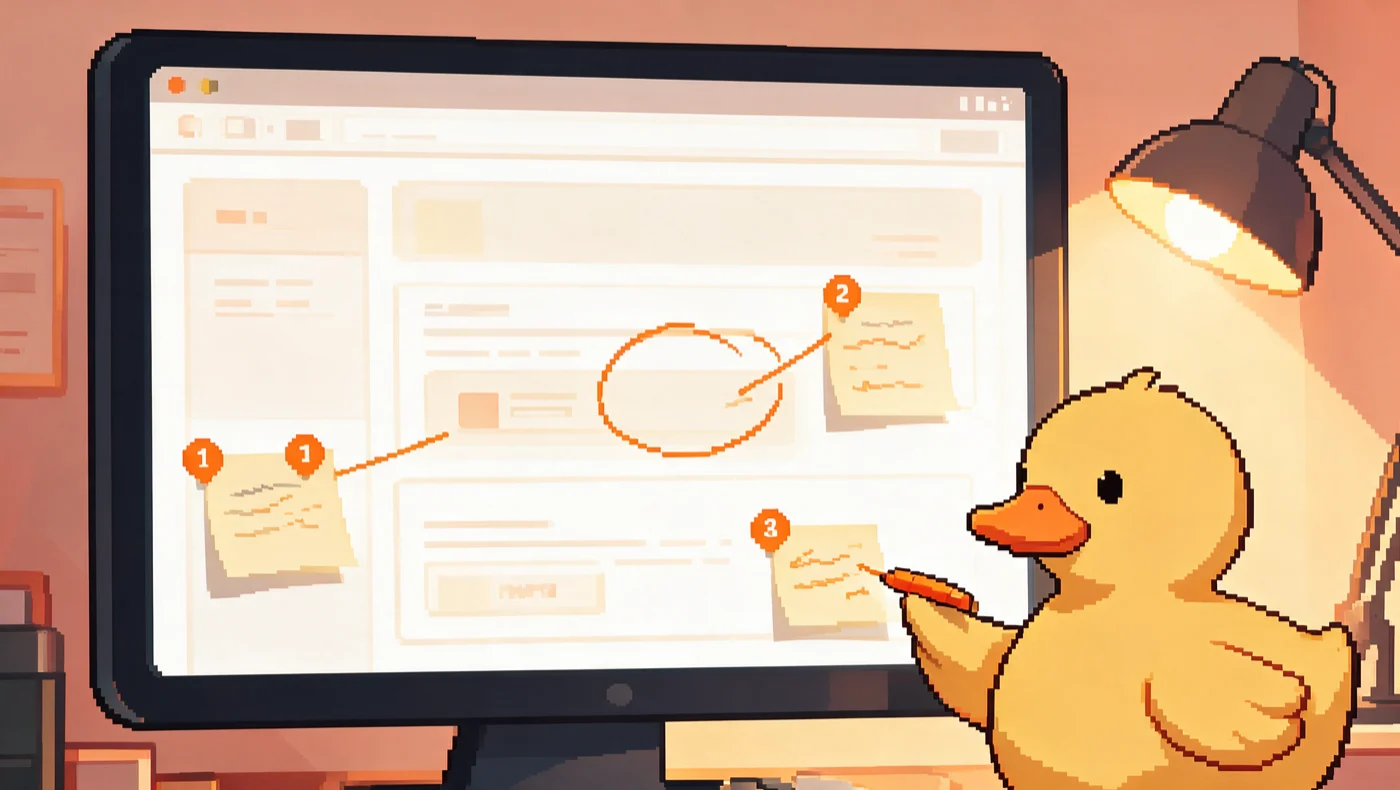 Numbered orange pins and notes marked onto a website