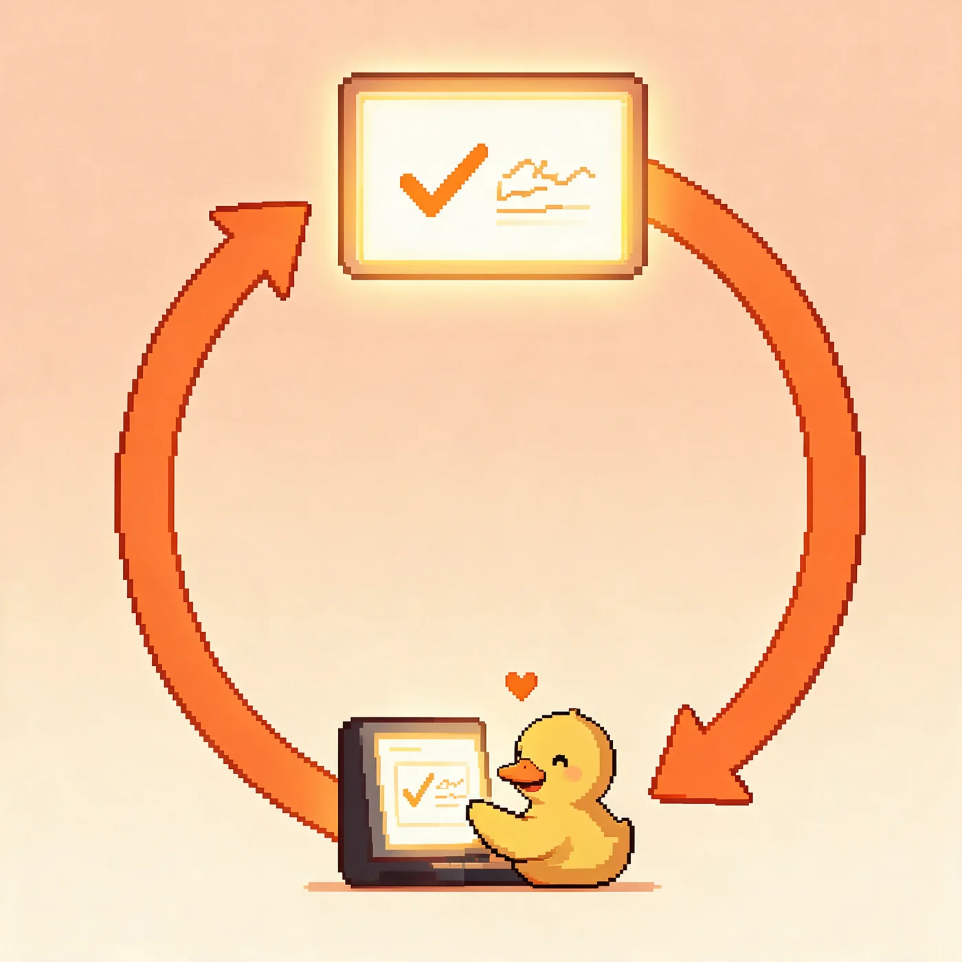 A closed orange loop carrying a shipped feature back around to the duck that asked for it