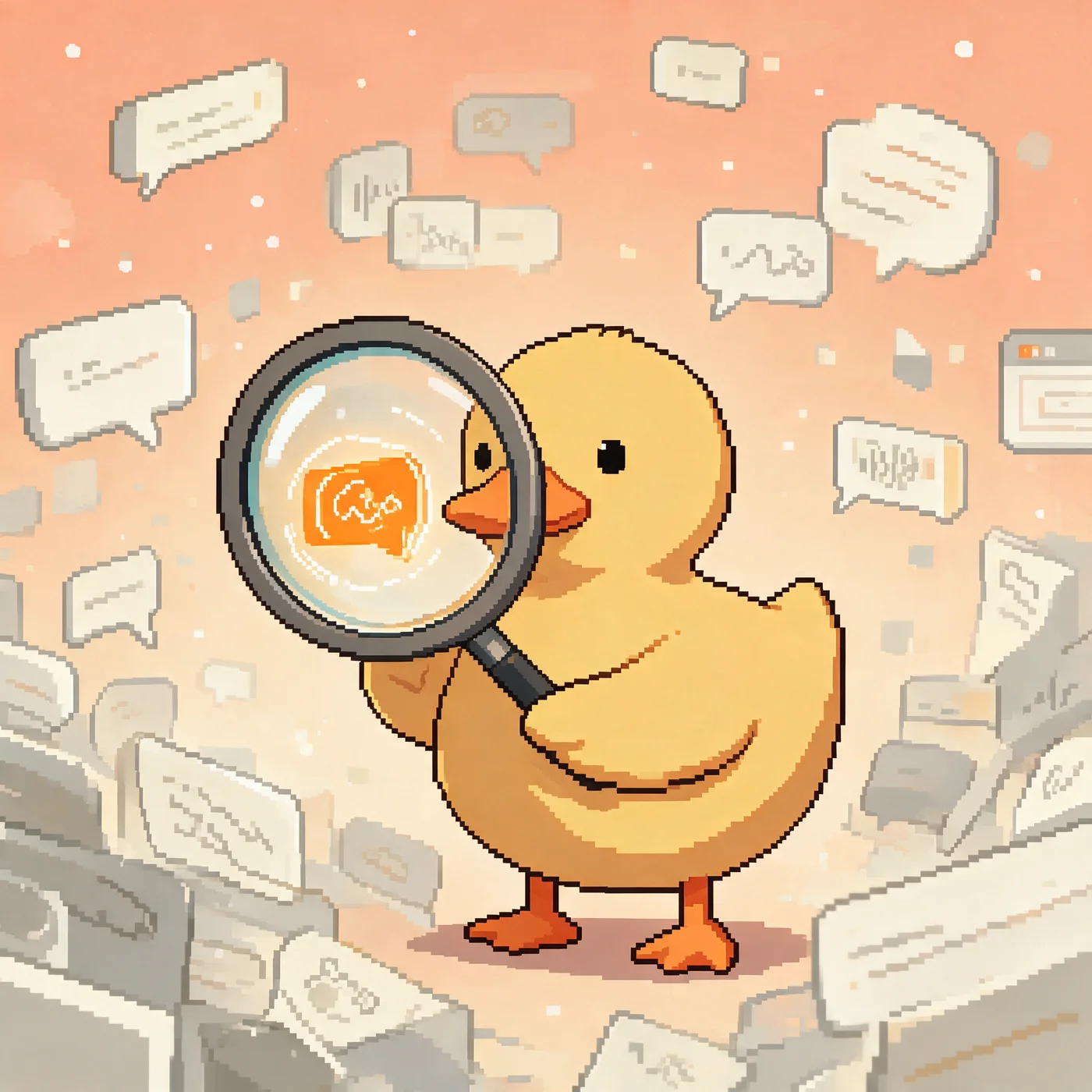 The duck holds a magnifying glass over the one orange note in a drift of pale grey ones