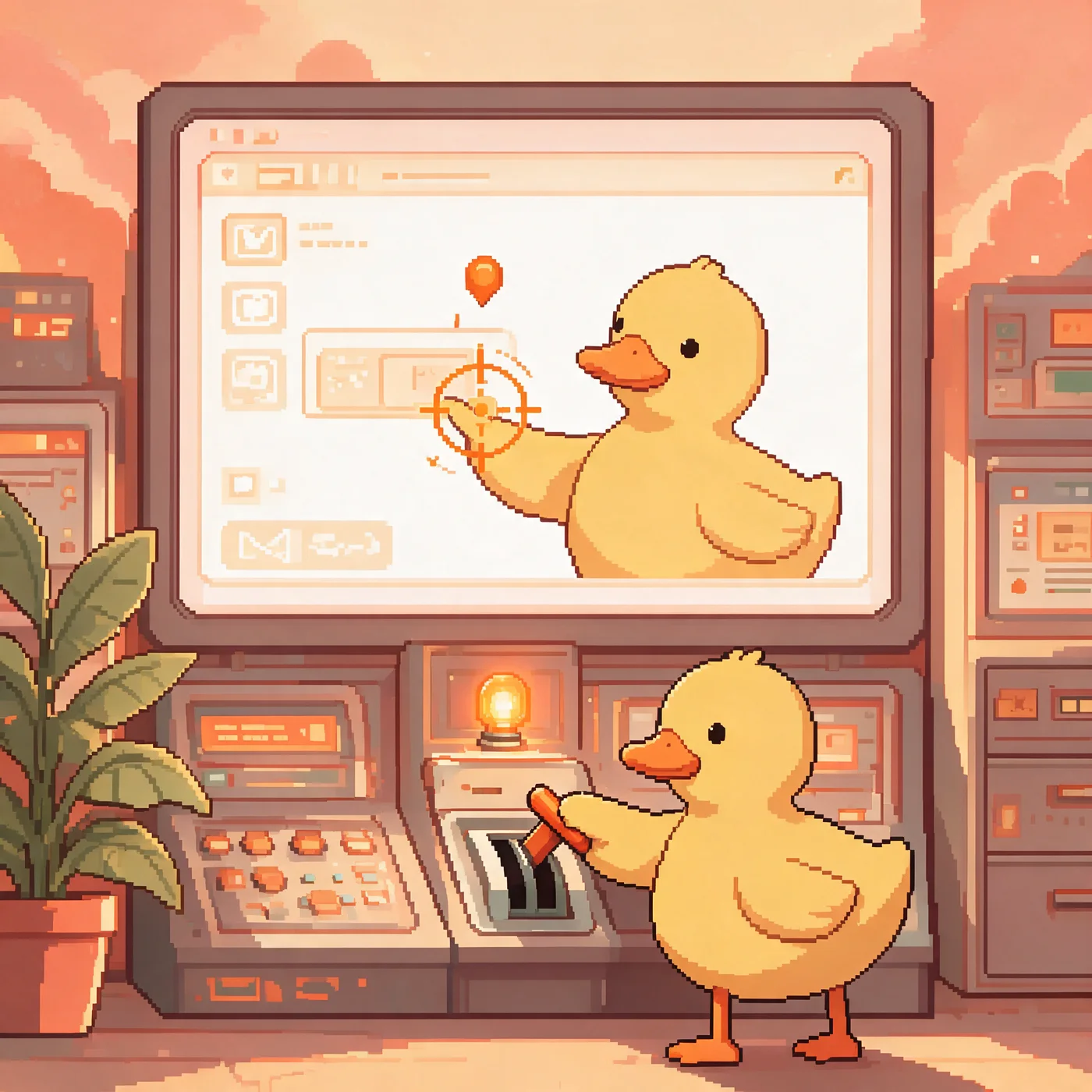 The duck arms a lever in a control room while a screen locks a reticle onto a user mid-flow