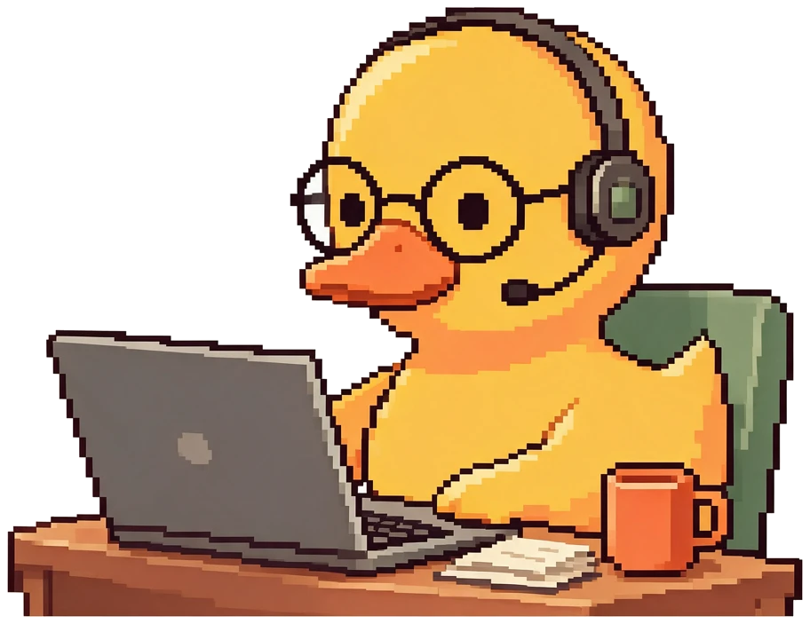 Pixel duck in glasses and headphones working at a laptop
