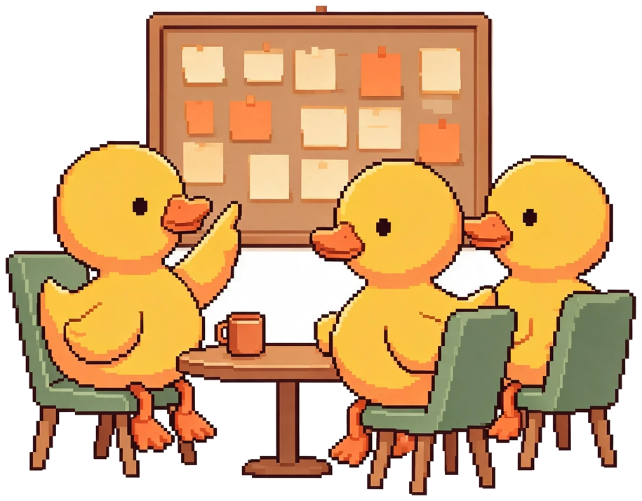 Three pixel ducks working a planning board together