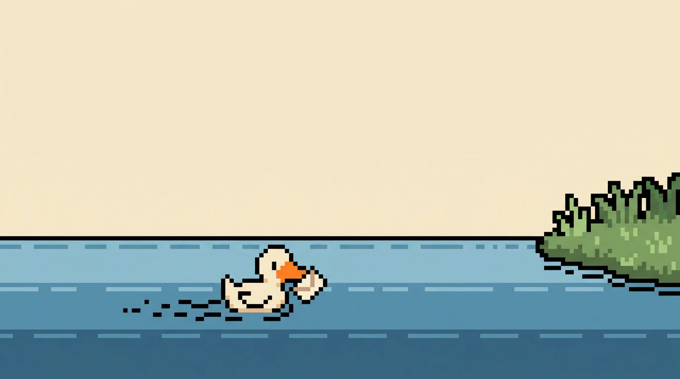Pixel duck carrying an envelope across the pond toward a grassy bank